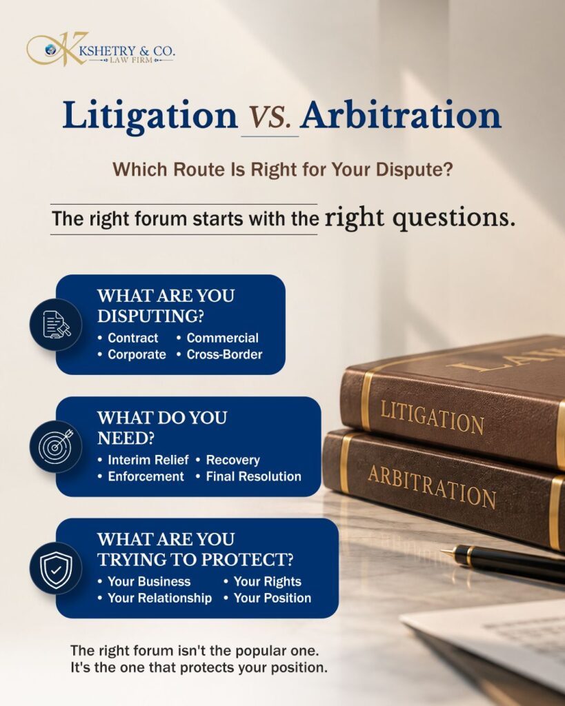 LinkedIn post by Kshetry & Co.: Litigation vs Arbitration for Business Disputes